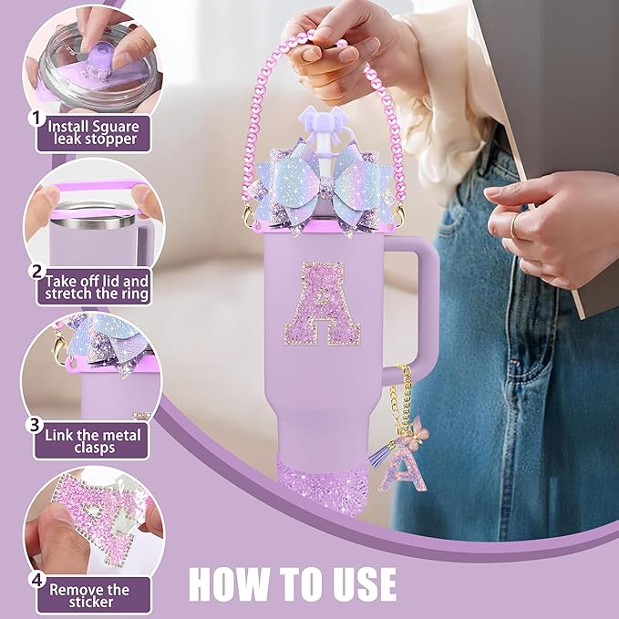 9PCS Purple for Stanley Cup Accessories Set Bling Initials Bow Charms for Stanley Decorations 30/40 Oz Tumbler Accessories Including Bow Straw Topper, Handle Strap, Spill Stopper（Letter S）