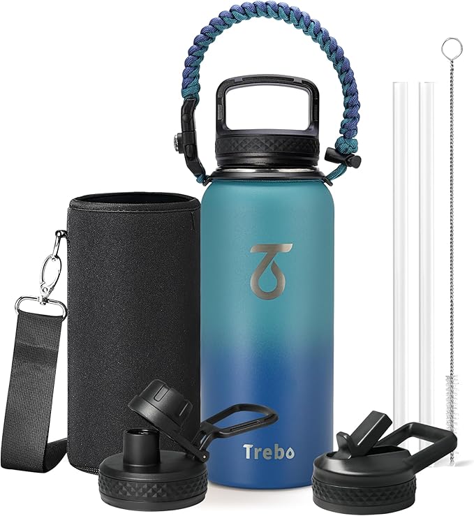 Trebo 32 oz Water Bottle Insulated with Paracord Handle and Straw, Vacuum Triple Wall Stainless Steel Water Jug Keep Cold 48 Hours, Water Flask with 3 Lids for Men women Sports Travel gift, Cyan Blue
