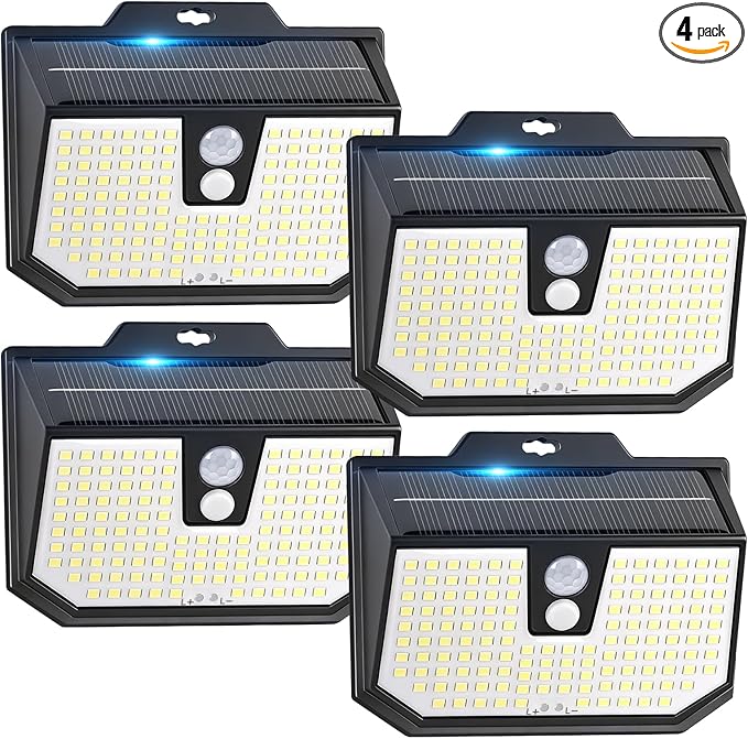 Brightever 4-Pack Solar Lights Outdoor Motion Sensor, Super Bright Outdoor Solar Lights Waterproof, 3 Lighting Modes Security Wall Lighting for Outside House, Pathway, Garden, Walking Dog, Fence