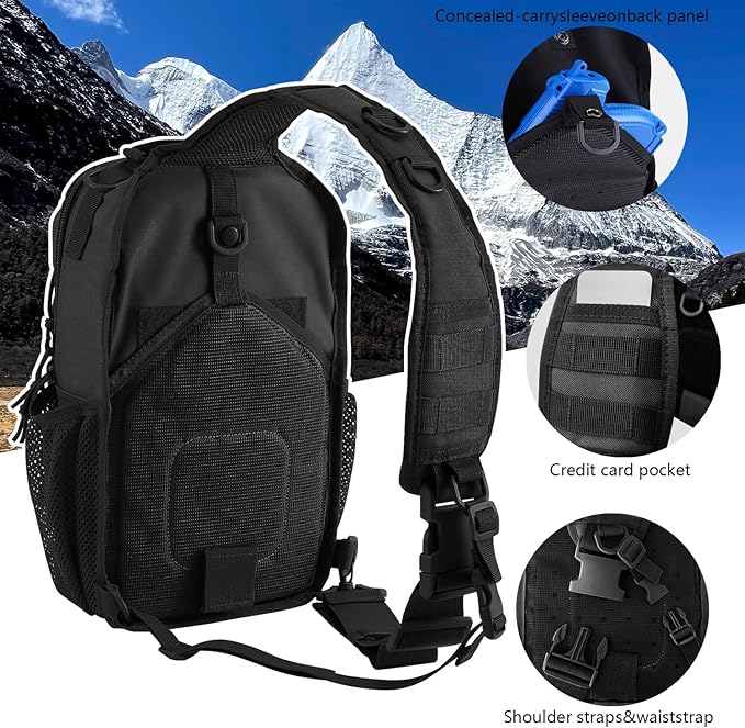 Rover Sling Pack Tactical Shoulder Sling Bag Backpack with Bottle Holder Crossbody Chest Bag, Black with Grey Patch
