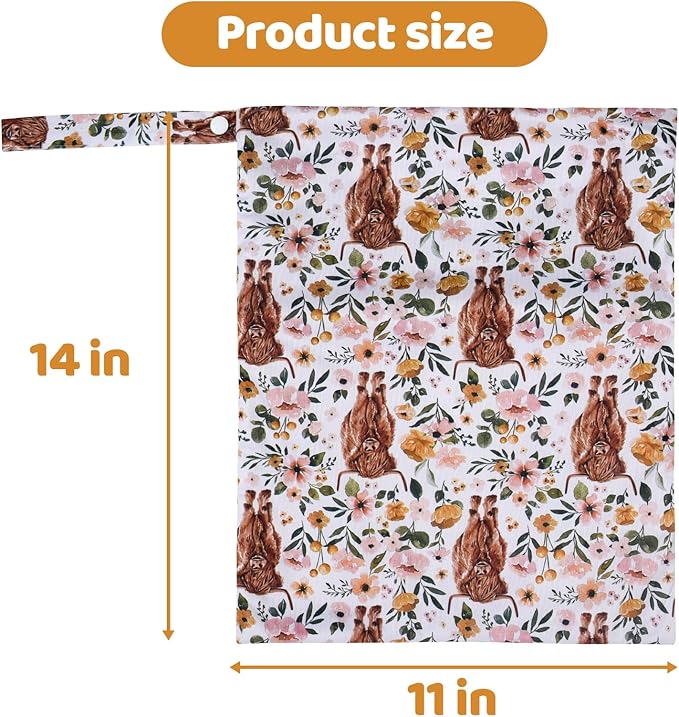 2pcs Cloth Diaper Wet Dry Bags Waterproof Reusable with Two Zippered Pockets Travel Beach Pool Stroller Daycare Soiled Baby Items Yoga Gym Bag for Swimsuits or Wet Clothes - Highland Cow