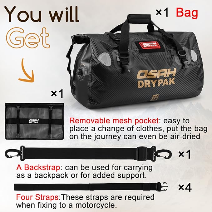 OSAH DRYPAK Waterproof Duffel Bag - Motorcycle Dry Bag Tail Bag with Large Storage Space, Waterproof Luggage Duffle Bags with Outer Mesh Zipper Pocket for Camping, Kayaking, Fishing & Traveling