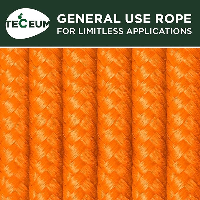 TECEUM Rope – 150 Feet x 1/4 Inch (7mm) – Orange Yellow – Strong All-Purpose Utility Rope – Camping, Crafting, Flag Pole, Indoor & Outdoor – Polypropylene Nylon Poly Lightweight Diamond Braided Cord