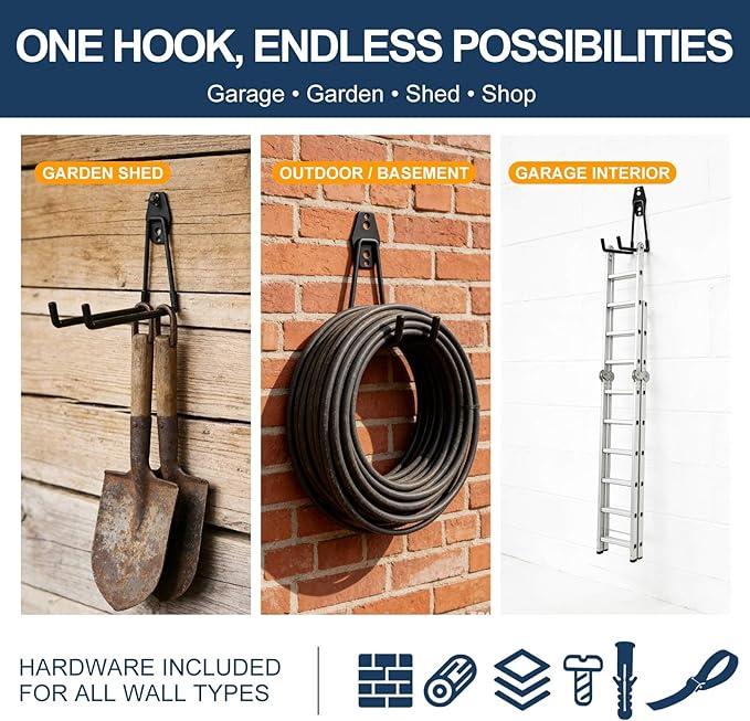 Garage Hooks Heavy Duty, 4 Pack Large Square Steel Garage Storage Hooks with Anti-Slip Coating, Multi-Purpose Ladder Hooks for Hanging Garden Tools, Hoses, Bikes and Folding Chairs (Orange)