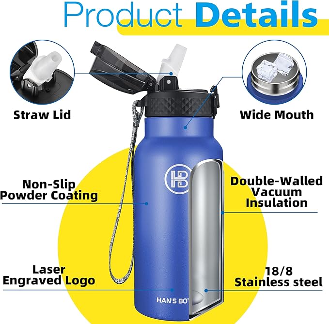 Han's Bottle Kids Water Bottle with Straw Lid - Insulated Stainless Steel Reusable Tumbler for Girls,Boys,Thermo Mug,17oz,Navy Blue