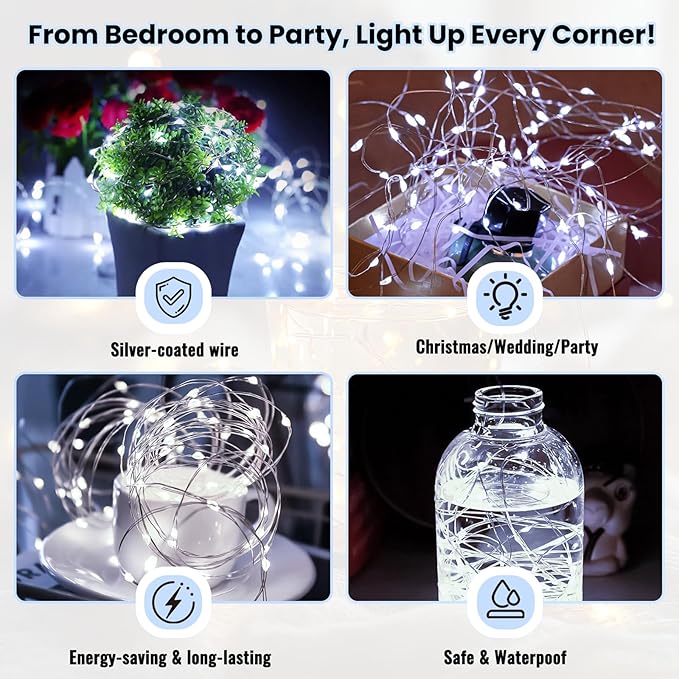 ZSJWL 30 Pack White Fairy Lights Battery Operated,7Ft 20LED Mini String Light, Waterproof Twinkle Light Silver Copper Wire Lights for Wedding Party Bedroom Christmas Table Decoration