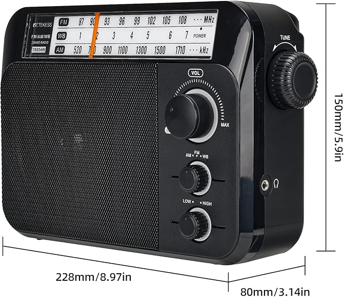 Retekess TR604W AM FM NOAA Radio, Portable Emergency Weather Radios with Best Reception, AC or D Battery Powered, with Clear Dial and Large Knob, Suit for Home (Black)
