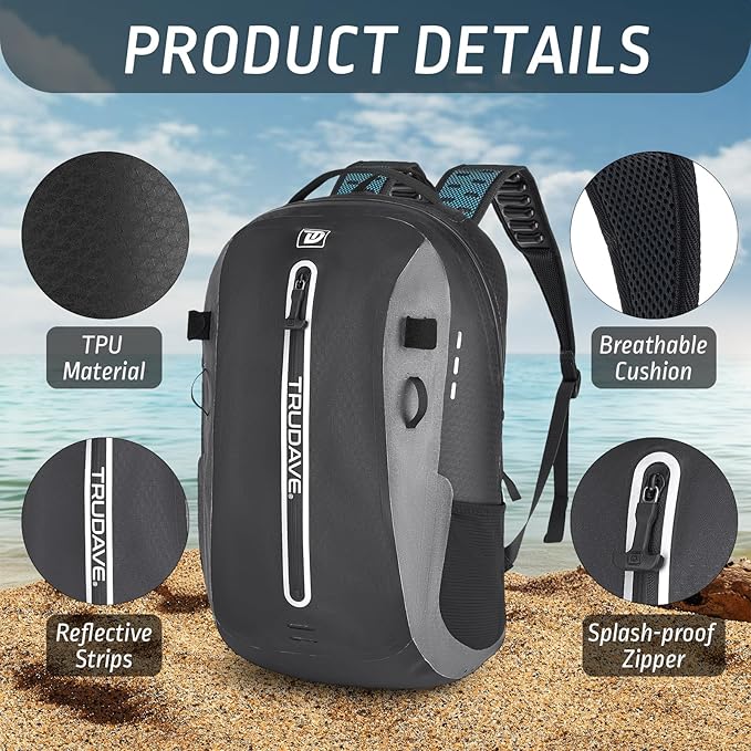Trudave Waterproof Backpack, Waterproof Submersible Backpack, Floating TPU Coated Dry Bag with Airtight Zipper for Kayak, Fishing, Boating, Hiking (30L)
