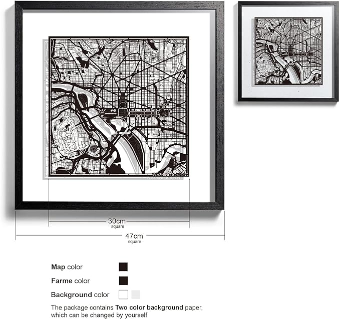 Washington D.C. Cut Map framed by O3 Design Studio, Black map, Black frame, 18x18 inches, paper cutting art work, Gift Boxed, 2 background color, self-changing, Wall Art