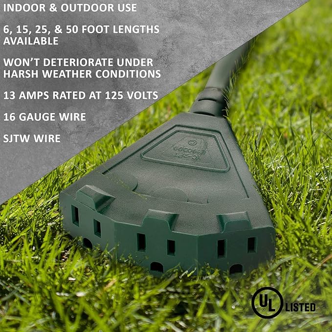 Holiday Lighting Outlet 6-Foot Green Extension Cord, 3-Prong Indoor & Outdoor Splitter, Perfect for Landscape Lighting
