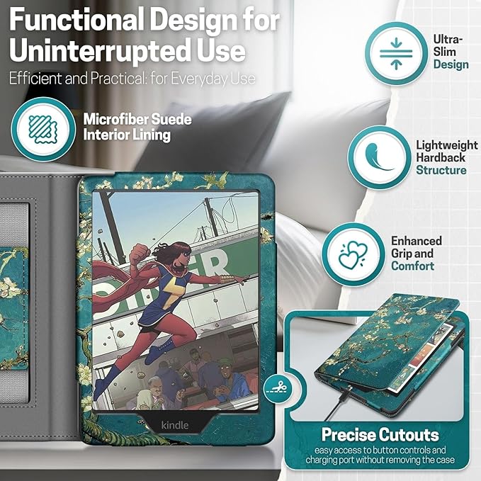 TNP Stand Case with Strap for Kindle Paperwhite 12th Gen 2024 / Kindle Colorsoft Signature Edition - 7" PU Leather Protective Folio Cover with Auto Wake/Sleep & Card Slot, Almond Blossom