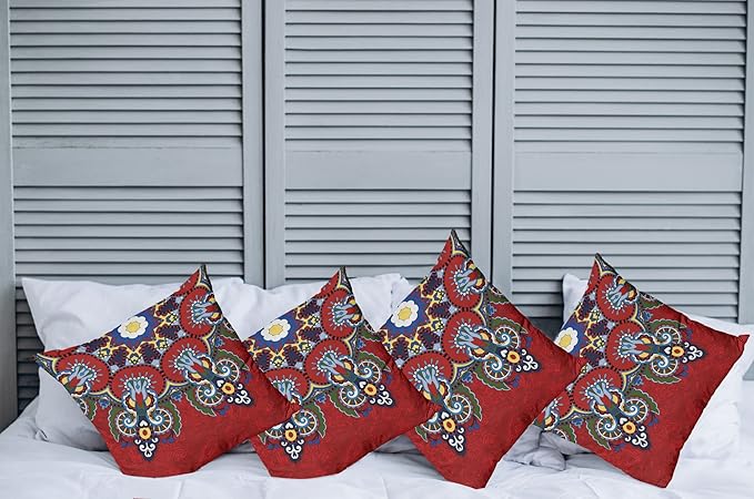 Ambesonne Mandala Throw Pillow Cushion Case Pack of 4, Color Jumble of Lace Like Flowers Leaves Swirls Vintage Illustration Folk Themed, Modern Accent Double-Sided Digital Printing, 20", Red