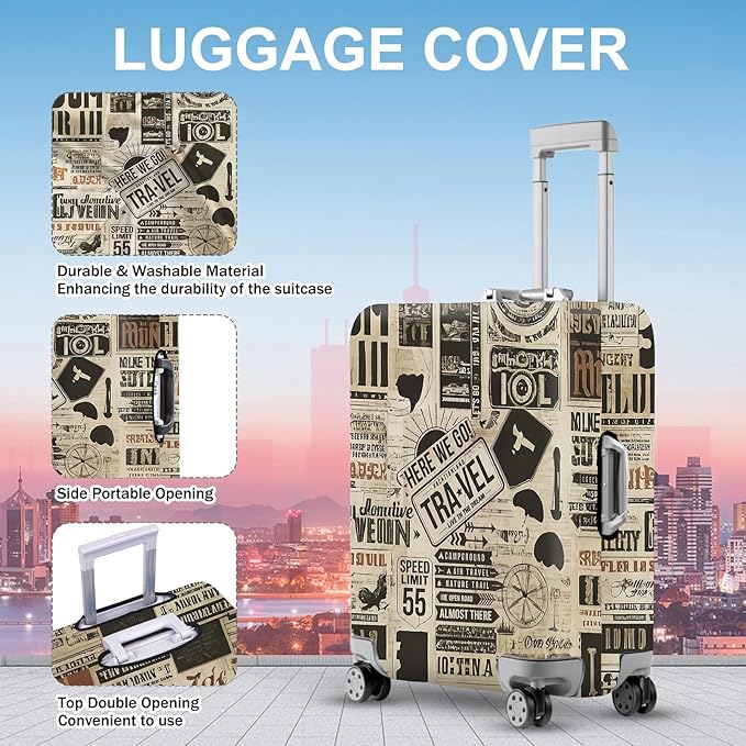 ANNA QUEEN Vintage Travel Collage Luggage Cover, Retro Suitcase Protector, Stretchable Washable Cover for 28-30 Inch Luggage