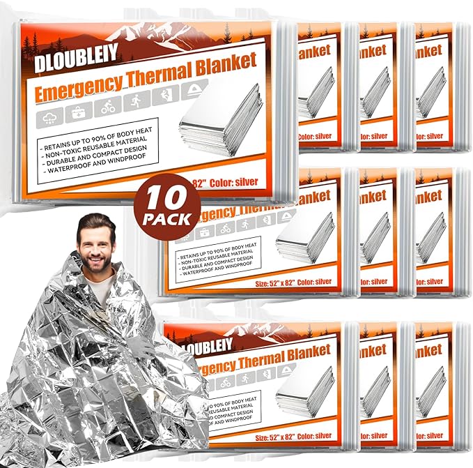 10-Pack Emergency Thermal Blankets, Heavy Duty Mylar Space Blanket with Ultimate Body Heat Retention for Camping Survival Kit, Car Emergency and Hiking, Waterproof & Windproof