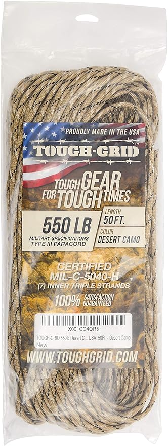 TOUGH-GRID 550 Paracord, Type III Mil-Spec Nylon Rope - 50 Ft Desert Camo Tactical Survival Cord