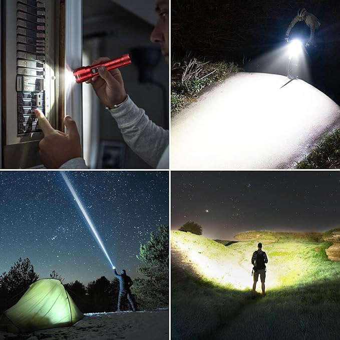 WdtPro LED Rechargeable Flashlight 2 Pack, Super Bright Zoomable 6000 Lumens Tactical Flashlight with LCD Digital Display, 3 Mode Waterproof Flash Light for Camping, Hunting & Home Emergency - Red