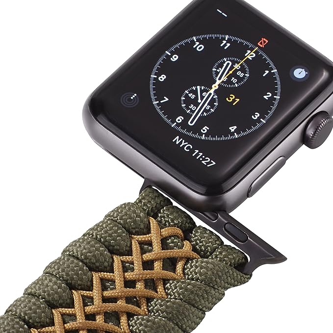 Savior Survival Gear Paracord Watch Band, Compatible with Apple Watch Band 49mm 46mm 45mm 44mm 42mm - iWatch Band Series Ultra 10 9 8 7 6 5 4 3 2 1 SE – Adjustable strap for men (Green - Khaki, Large)
