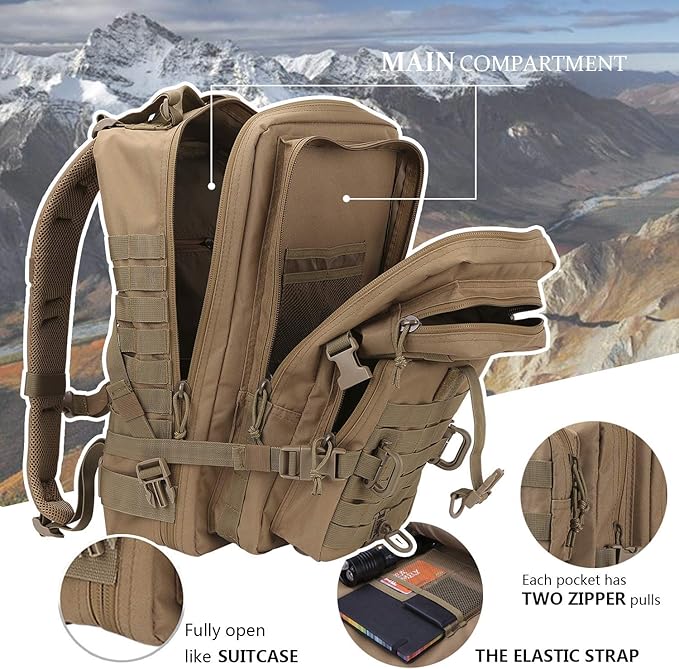 Hannibal Tactical MOLLE Assault Pack, Tactical Backpack Military Army Camping Rucksack, 3-Day Pack Trip w/USA Flag Patch, D-Rings, Coyote