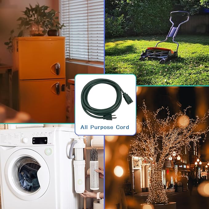 Indoor Outdoor Extension Cord 15 FT, 16/3 SJTW Weatherproof Green Electrical Cords, 13 AMP Heavy Duty 3 Prong Power Cable Great for Garden, Landscaping & Holiday Decorations