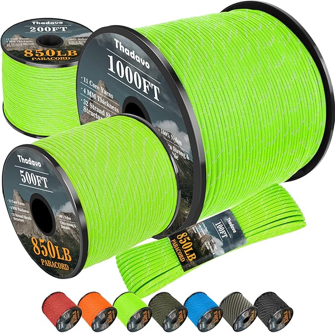 Reflective Paracord Rope 850Ib, 50/100/200/500/1000ft 4MM 11 Strand Parachute Spool Cord, Paracords Lanyard String for Tent, Camping, Clotheline, Hiking, Survival Bracelet, Neon Green 200FT