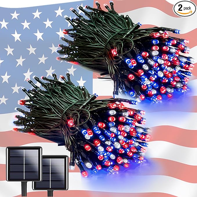 2 Pack 200 LED Red White and Blue Solar String Lights Outdoor Waterproof, Solar Powered LED Patriotic Lights, Solar Tree Lights for Independence Day 4th of July Memorial Day 250th Anniversary Decor