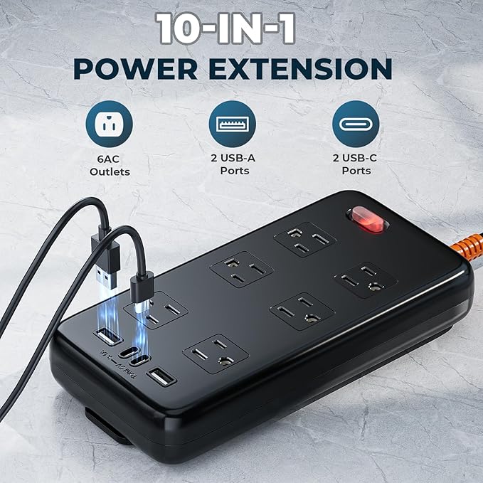 Outdoor Power Strip Weatherproof, IPX6 Waterproof Surge Protector with 6 Wide Outlets and 2USB A&2USB C, 1625W/13A, 10FT Extension Cord, Wall Mountable for Indoor Outdoor, UL FCC Listed