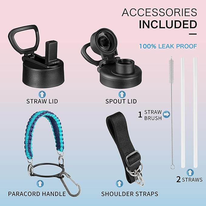 KXIAOCHEN Insulated Water Bottle, Stainless Steel Water Bottle, 2 Lids (Straw and Handle Lid),Wide Mouth Metal Water Bottles Keep Hot and Cold, Double Walled, Thermo Mug, Metal Canteen
