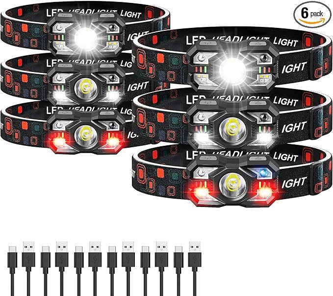 Headlamp Rechargeable 6Pack, 3000 Lumen Ultra-Light Bright Headlamp Flashlight with White Red Light, LED Headlight Motion Sensor, 5+5 Mode for Outdoor Camping Fishing Running Hiking (6)