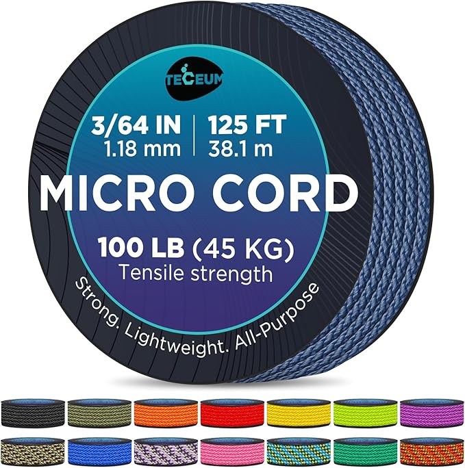 TECEUM Micro Paracord – 1.18 mm X 125 ft – Micro Utility Cord – Thin Braided Paracord Rope – Best for Crafting, DIY Projects, Fishing, Camping – Wind Chime Replacement – Survival Strong String