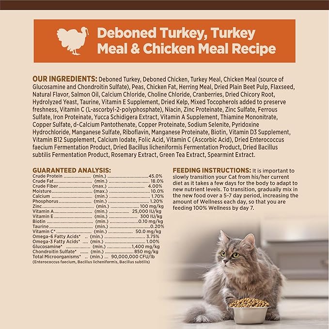 Wellness CORE Adult Dry Cat Food, Natural, Grain Free Kibble, Turkey and Chicken Recipe, 5 lb Bag