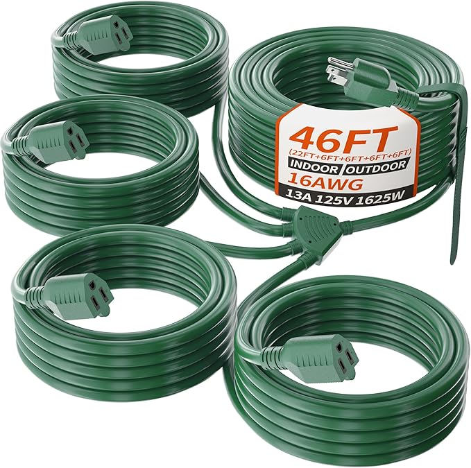 PlugSaf 1 to 4 Splitter Outdoor Extension Cord with Multiple Outlets; 46FT Total(22+6+6+6+6) 28FT End to End; 16/3 SJTW Green Extension Cord Outdoor Waterproof for Halloween Christmas; 16AWG 1625W ETL