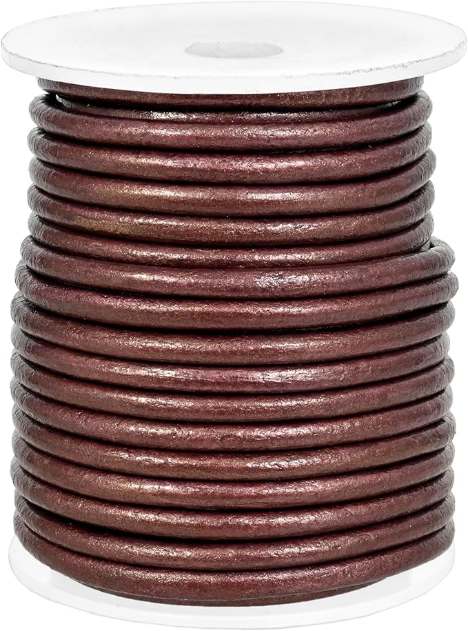 GENIQUE Real/Genuine Round Leather String Cord for Necklace, Bracelets, Jewellery, Braiding (3mm, Maroon Metallic)