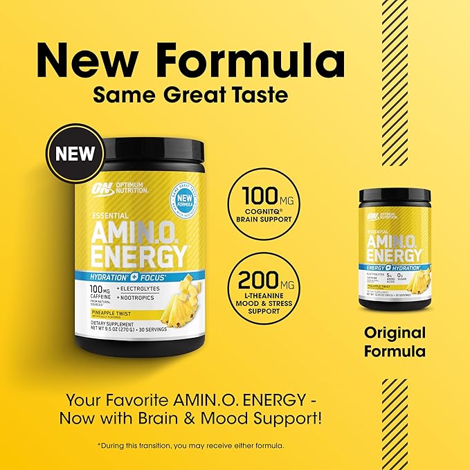 Optimum Nutrition Amino Energy Powder Plus Focus, with BCAA, Electrolytes, and Caffeine, Pineapple Twist, 30 Servings (Packaging May Vary)