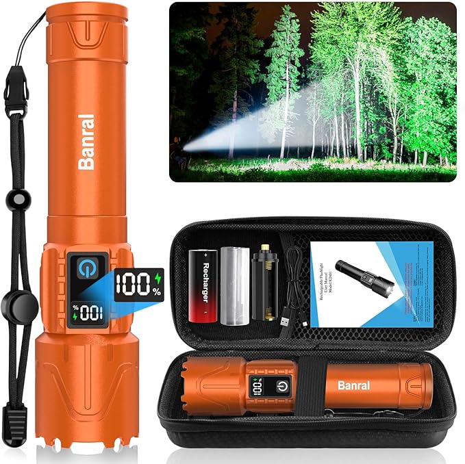 Rechargeable Tactical Flashlights 2000 High Lumens - 5000mAh Super Bright LED Powerful Flash Light, Waterproof Handheld USB C Flashlight for Home,Car,Camping,Emergencies,5 Modes,Zoomable (1, Orange)