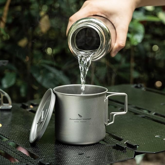 iBasingo 350ml Titanium Cup with Lid Foldable Handle Single-walled Camping Mug Lightweight Portable for Outdoor Drinking Drinkware US-Ti3058D