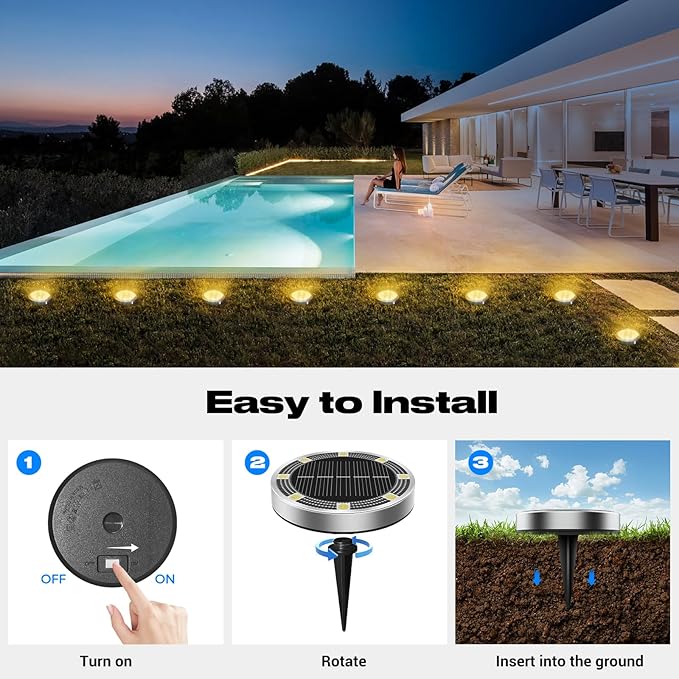 Peasur Solar Ground Lights Outdoor, 6 Pack Flat Solar Powered Disc Lights, IP68 Waterproof, Anti-Rust, Landscape Lighting for Pathway Garden Yard Lawn Walkway Landscape Driveway, Mini, Warm White