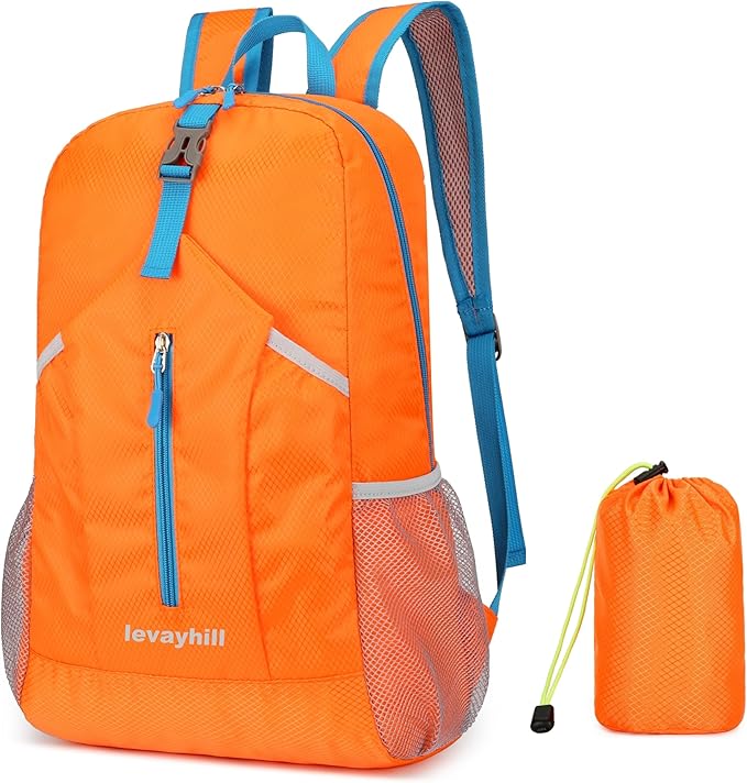 levayhill 25L Foldable Hiking Backpack Lightweight Packable Basic-Daypack Collapsible Bag Water-Resistant Travel Men Women Camping Cycling Outdoor (Orange)