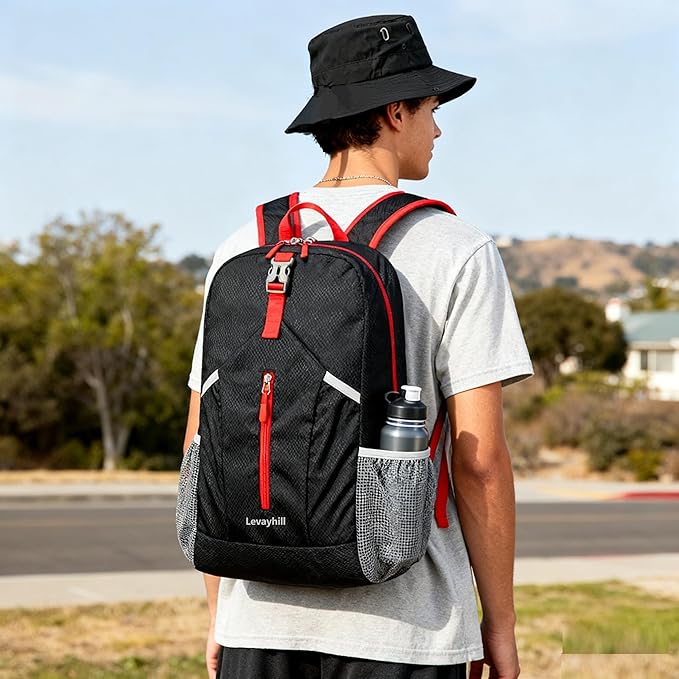 levayhill 25L Foldable Backpack & Bucket Hat 2 IN1 Combo, Lightweight packable Travel Set, Compact Daypack Sun Fisherman Hat (Black)