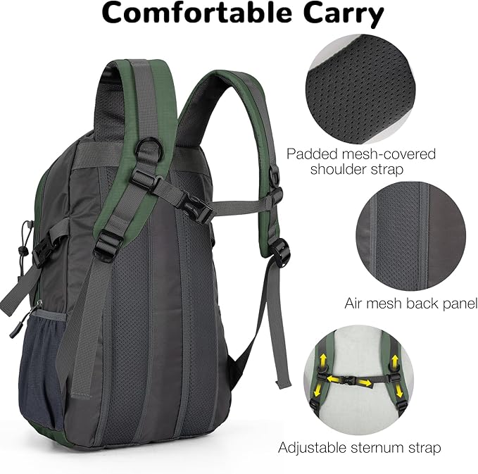 25L Small Hiking Backpack with Chest Strap for Men Women, Waterproof Travel Backpack Day Pack, Lightweight Padded Hiking Daypacks for Camping Traveling Outdoor Sports, Green