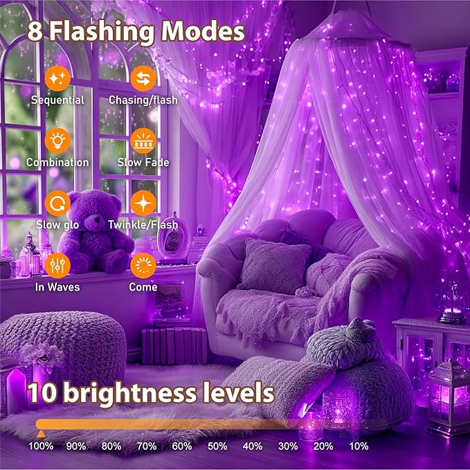 HXWEIYE Rechargeable Fairy Lights with Remote & DIY Timer, 33ft 100LED Battery Operated Twinkle String Lights, 8 Modes Decor Light for Bedroom Indoor Wedding Dorm Christmas Tree Party (Purple)