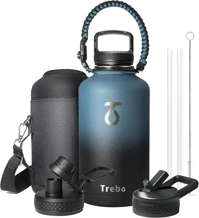 Trebo Water Bottle 64oz with Paracord Handle, Half Gallon Large Vacuum Triple Wall Stainless Steel Insulated Water Jug with Holder Strap Straw Spout Lids, Leakproof Keep Cold & Hot, Indigo/Black