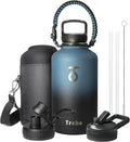 Trebo Water Bottle 64oz with Paracord Handle, Half Gallon Large Vacuum Triple Wall Stainless Steel Insulated Water Jug with Holder Strap Straw Spout Lids, Leakproof Keep Cold & Hot, Indigo/Black