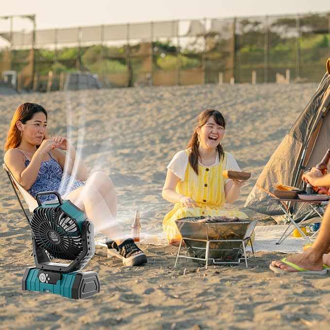 20000mAh Outdoor Camping Fan Battery Operated,Portable Rechargeable Battery Powered Fan with LED Light,360°Oscillating & 8H Timer USB Rechargeable Personal Cordless Travel Fans with Hook F6 Cyan