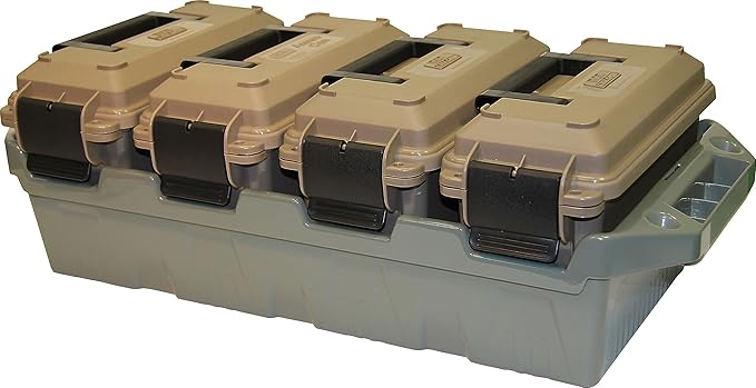 MTM AC4C 4-Can Ammo Crate, 30 Caliber, Convenient size, Stackable, Easy Carry and Transport of 30 Caliber Ammo, Rugged Tactical Carrying Crate, USA Made, Dark Earth/Army Green