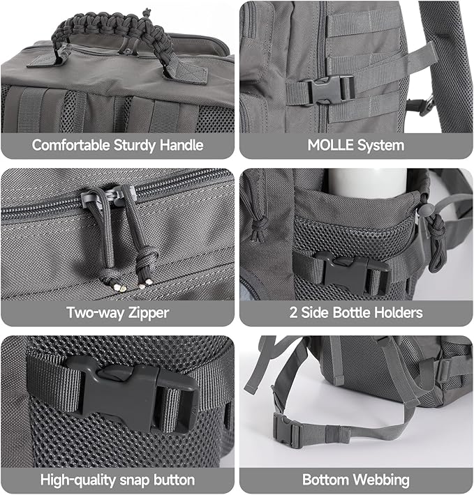 Tactical Military Backpack, Large Capacity Molle System, Multi-Compartment Design with Shoe Storage, Black (grey)
