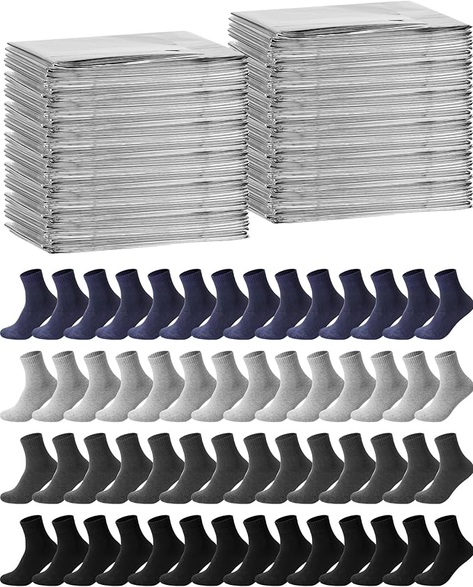 Cutecrop 96 Pcs Winter Survival Kits Include 48 Pcs Emergency Blankets (83''x 63'') & 48 Pairs Warm Winter Wool Sock Survival Blanket Thick Boot Sock Bulk for Homeless Care Packages,Outdoor Camping