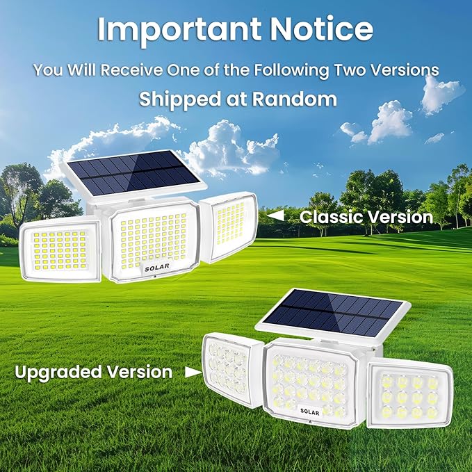 White Solar Security Light Outdoor Super Bright LED, Motion Sensor Flood Light, 3 Heads 270° Wide Angle, Remote Control, IP65 Waterproof, 3 Modes (6 Packs)