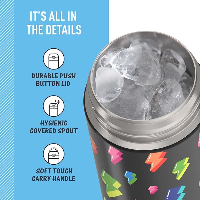 THERMOS FUNTAINER 16 Ounce Stainless Steel Vacuum Insulated Bottle with Wide Spout Lid, Lightning Bolt Girl