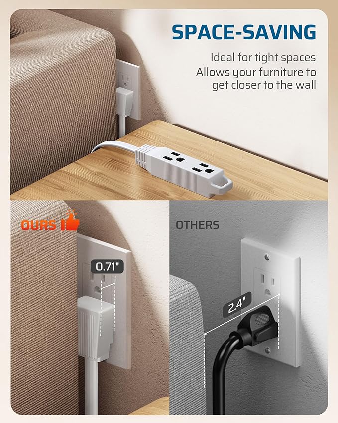 DEWENWILS 3 Outlet Extension Cord with Flat Plug Christmas, 1FT 16/3 Awg Grounded Power Cable for Indoor Use, SPT-3 Cord, White, ETL Listed, 2 Pack