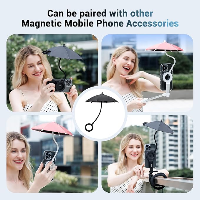 Dual Magnetic Phone Umbrella for Sun,Magnetic Cellphone Sunshade Shield Compatible with Magsafe Phone-Grip/Magsafe Car Phone-Holder,UPF45+ Phone Umbrella for iPhone 17 16 15 Pro Max Outdoor Anti-Glare